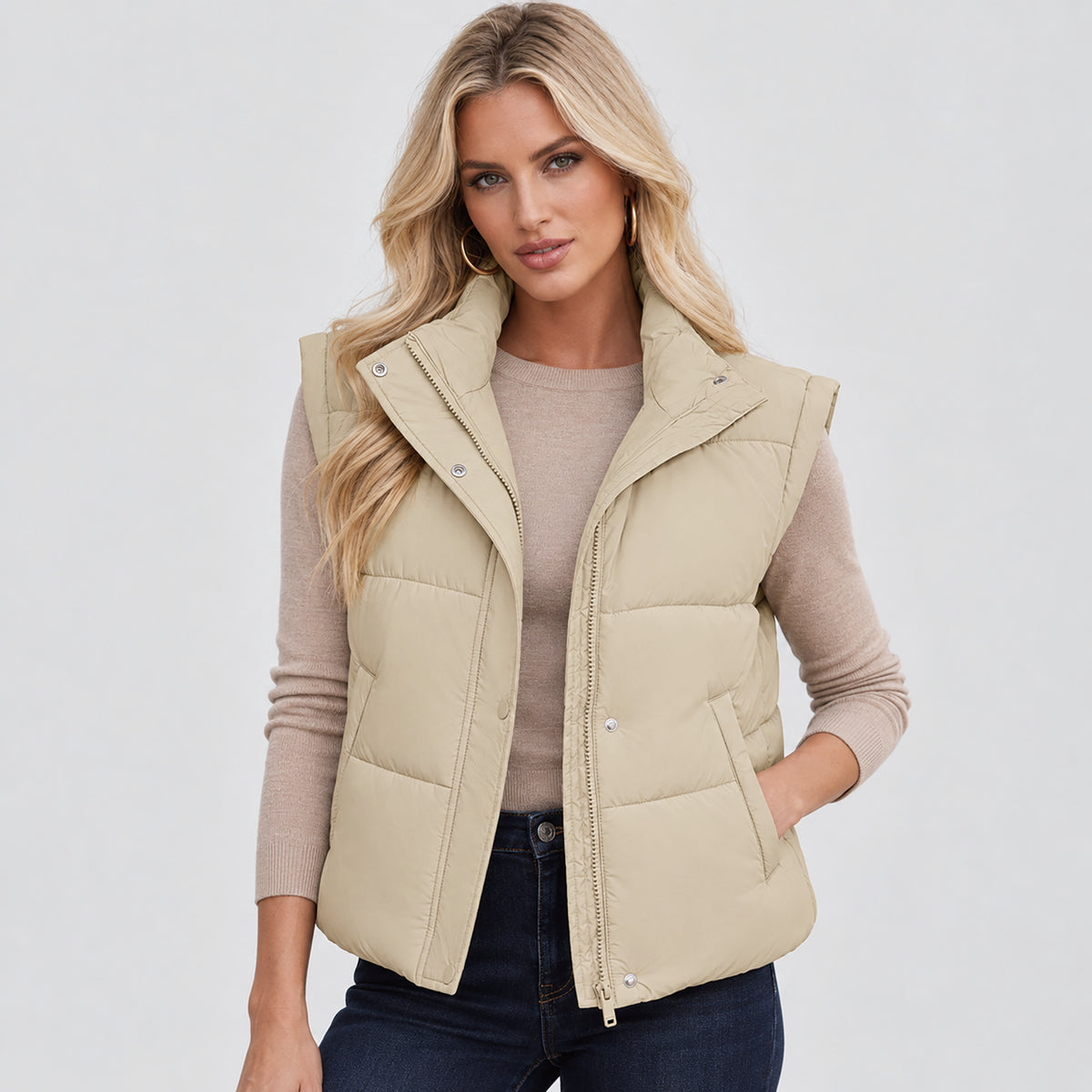 Womens Lightweight Cropped Puffer Vest with Stand Collar