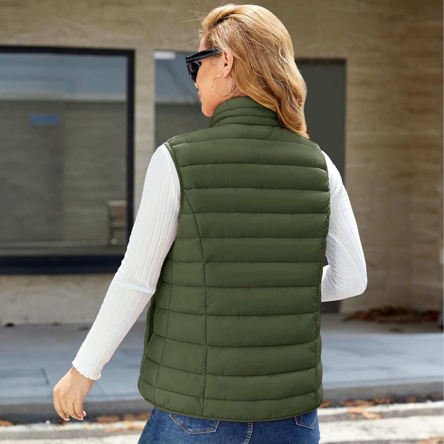 Army Green Women's Lightweight Puffer Vest with 4 Pockets & Stand Collar - MAGCOMSEN