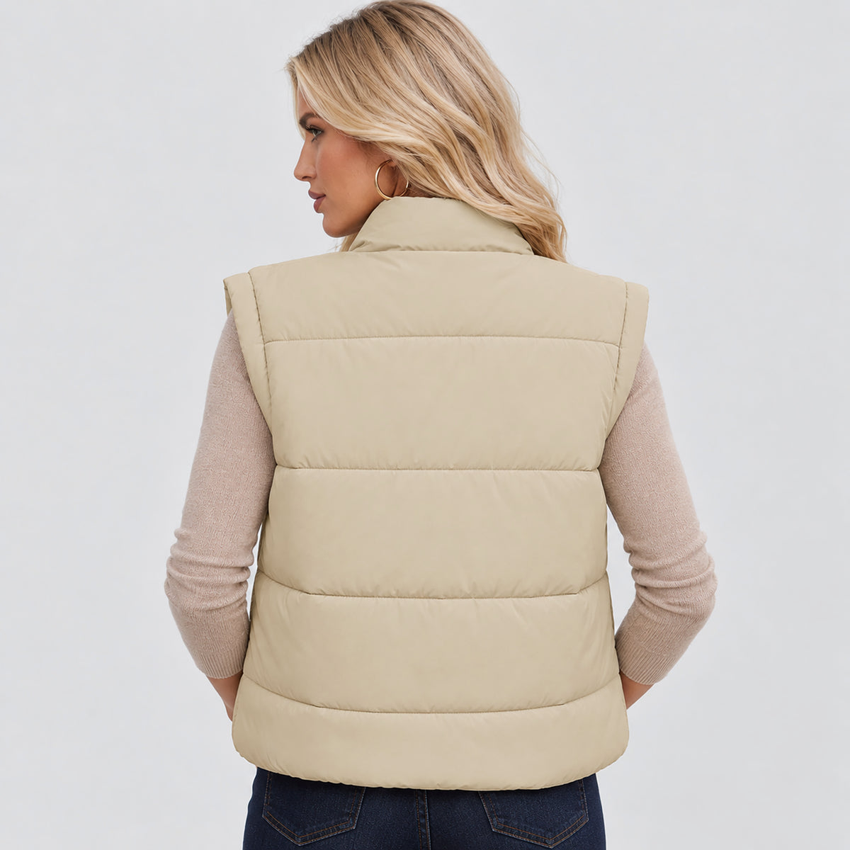 Womens Lightweight Cropped Puffer Vest with Stand Collar