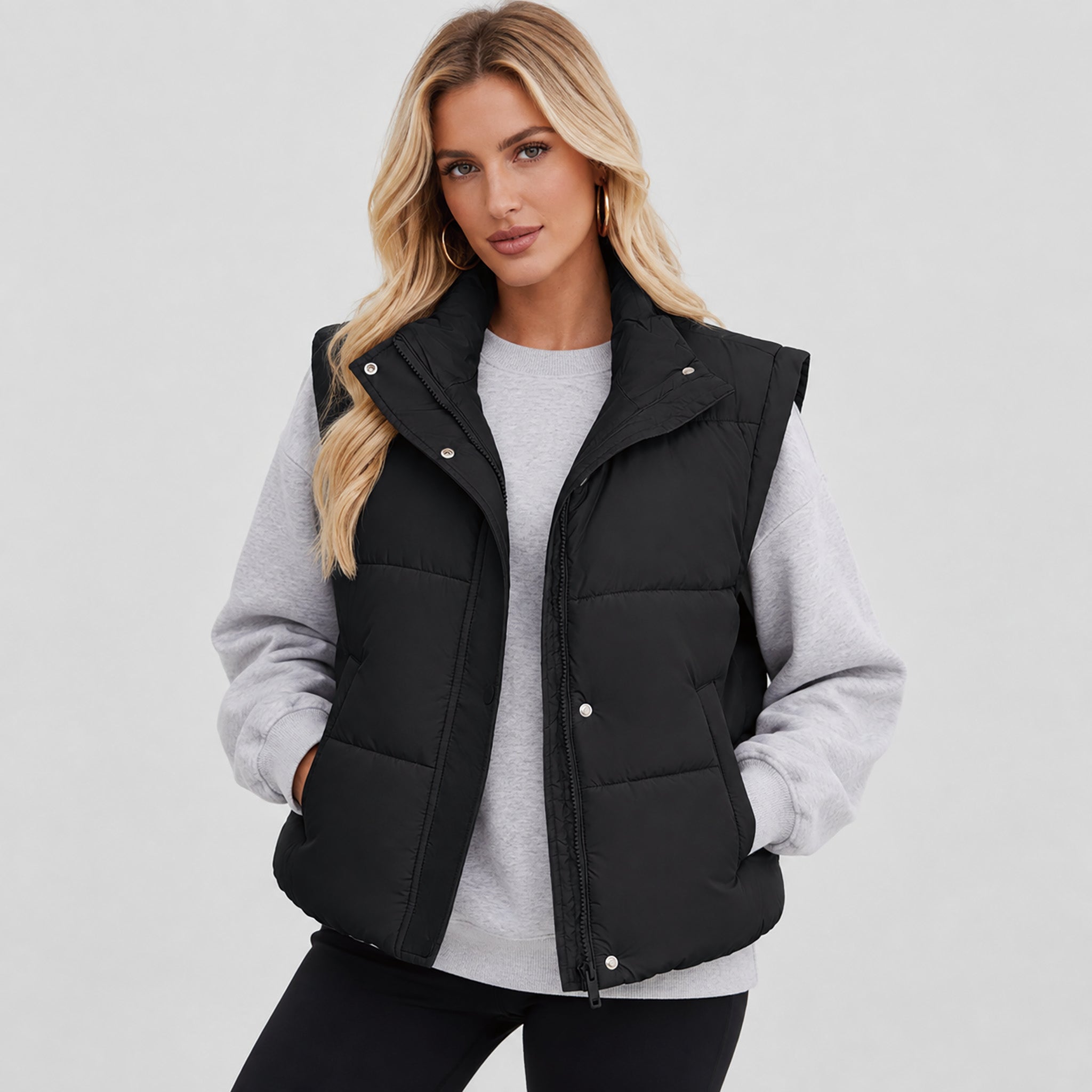 Womens Lightweight Cropped Puffer Vest with Stand Collar