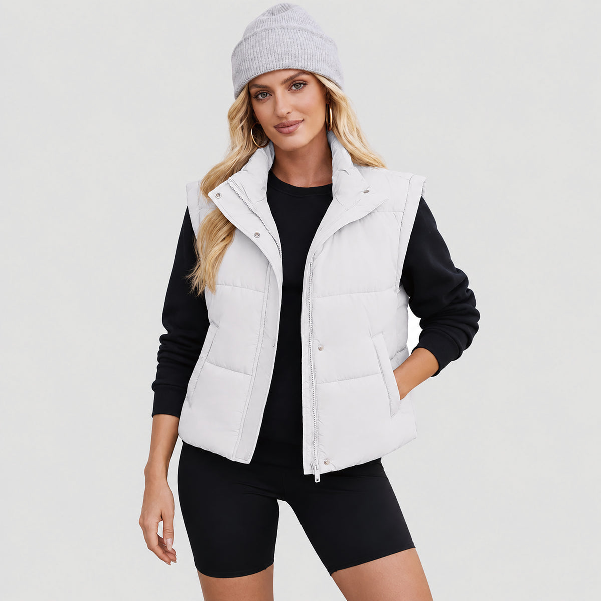 Womens Lightweight Cropped Puffer Vest with Stand Collar