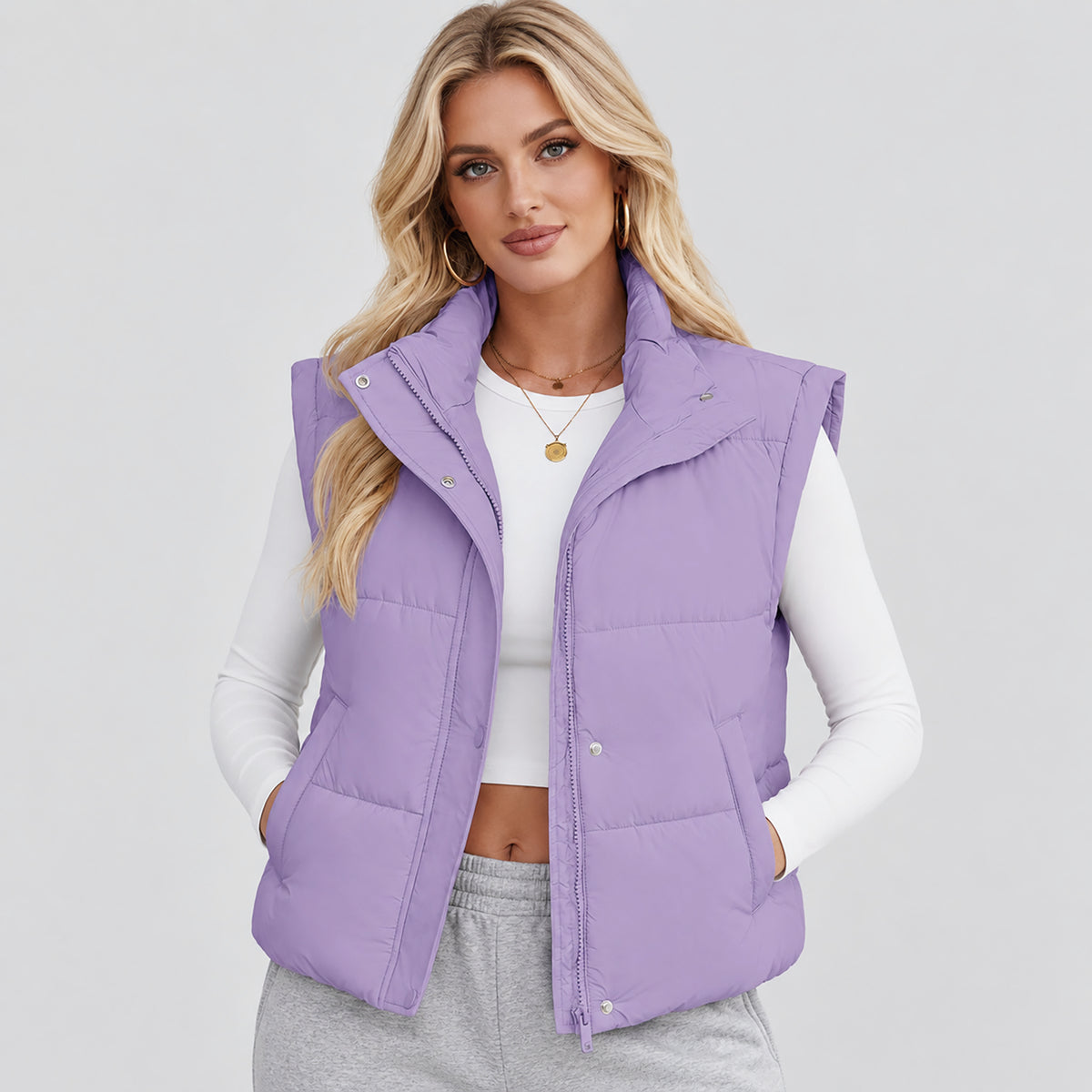 Womens Lightweight Cropped Puffer Vest with Stand Collar