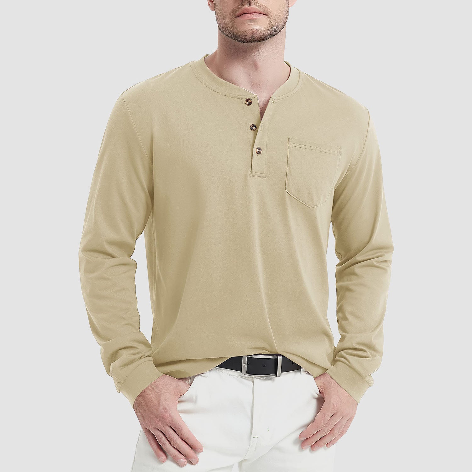 Men's Henley Shirt Cotton Long Sleeve Shirts - MAGCOMSEN