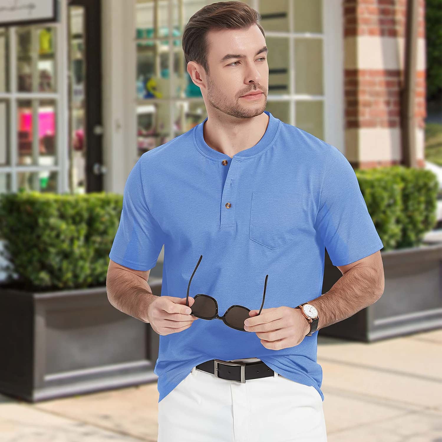 Men's Slim Fit Short Sleeve Sun Protection Henley Shirt - MAGCOMSEN