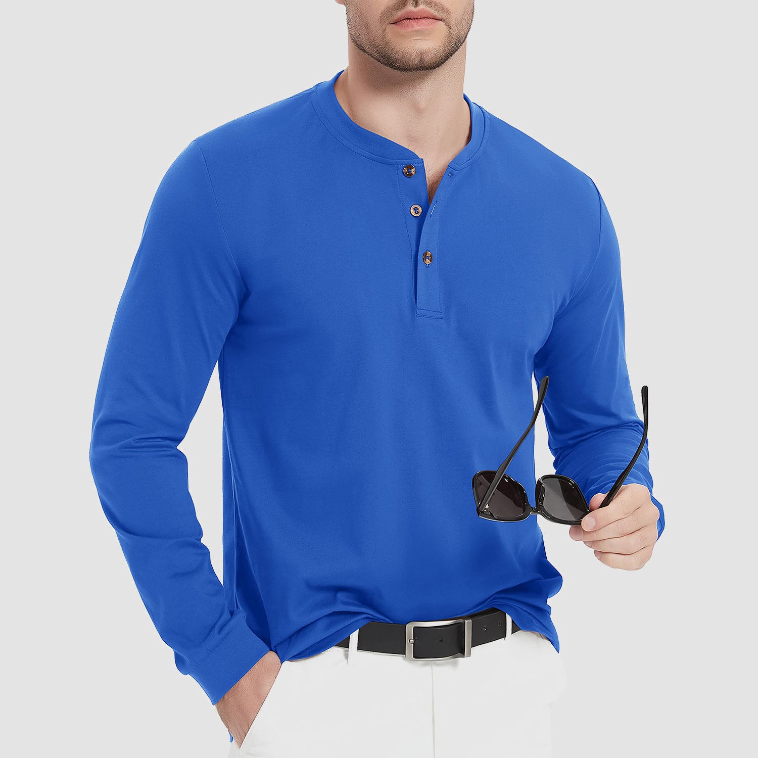 Men's Cotton Long Sleeve Henley Shirt, Casual Work Tee - MAGCOMSEN