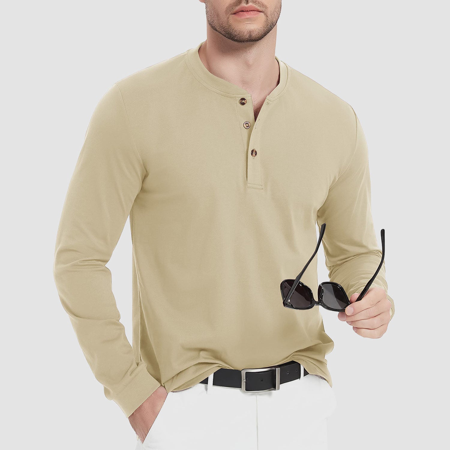 Men's Cotton Long Sleeve Henley Shirt, Casual Work Tee - MAGCOMSEN