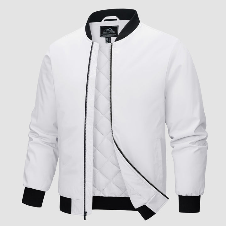 Men's Winter Bomber Jacket, Quilted & Windproof Zip-Up Coa - White