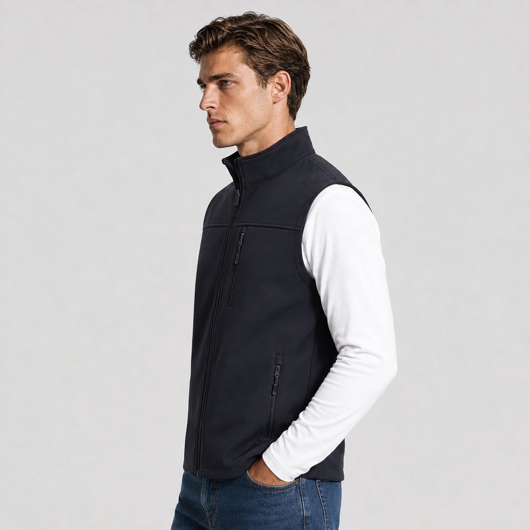 Men's Waterproof Softshell Vest 6-Pocket Fleece Lined Golf Windbreaker