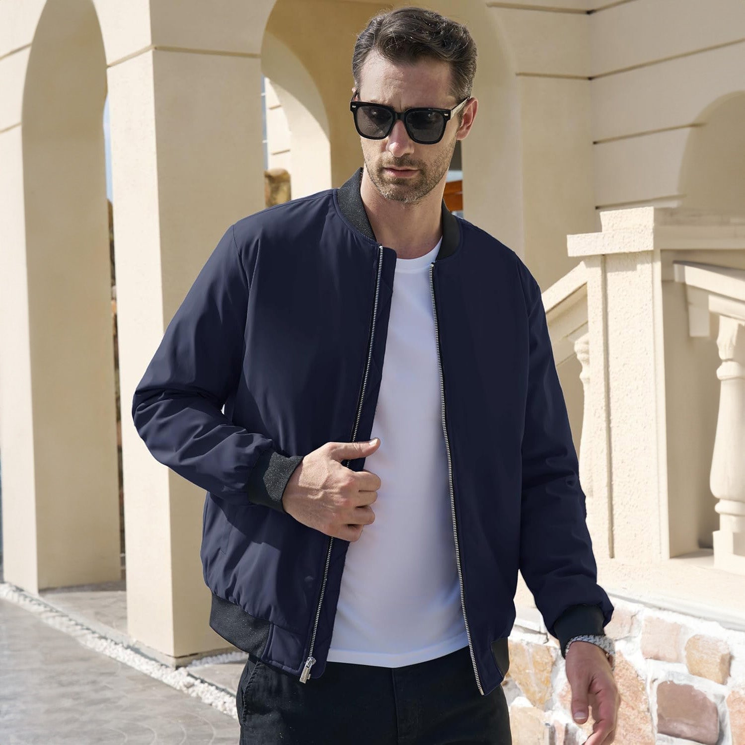 Men's Winter Bomber Jacket, Quilted & Windproof Zip-Up Coa - Black