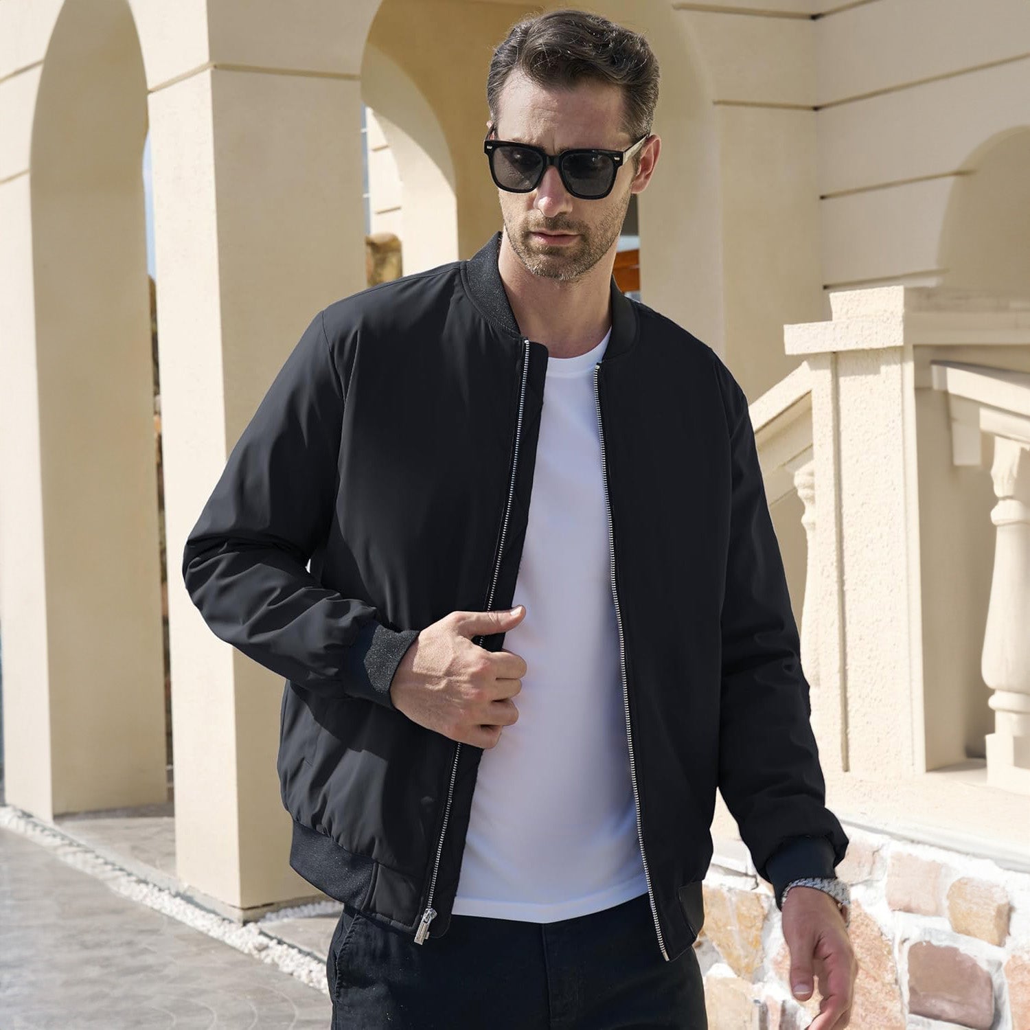 Men's Winter Bomber Jacket, Quilted & Windproof Zip-Up Coa - Black