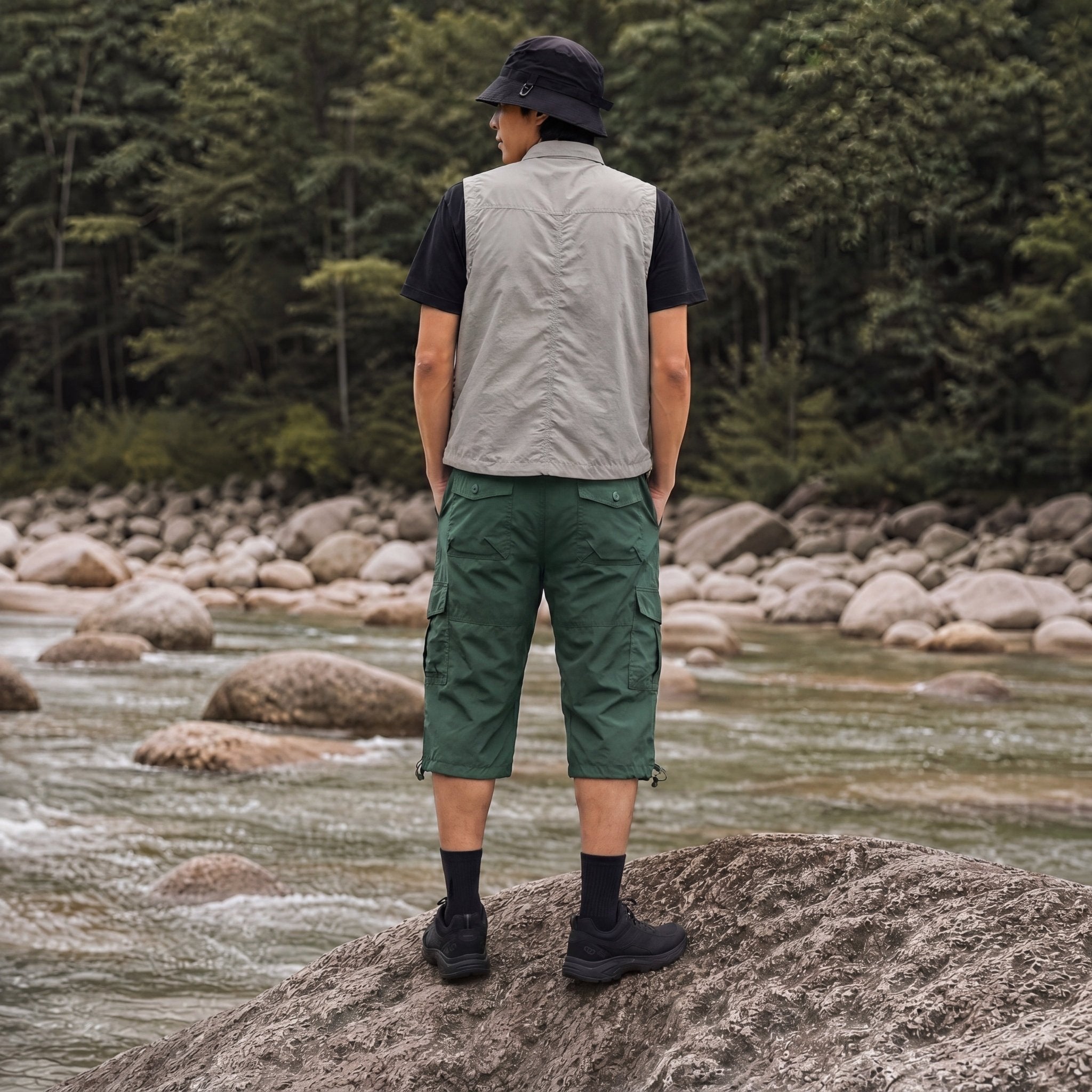 Men's Below Knee Cargo Shorts - Cotton, 7 Pockets, Work Capris Pea Green by MAGCOMSEN