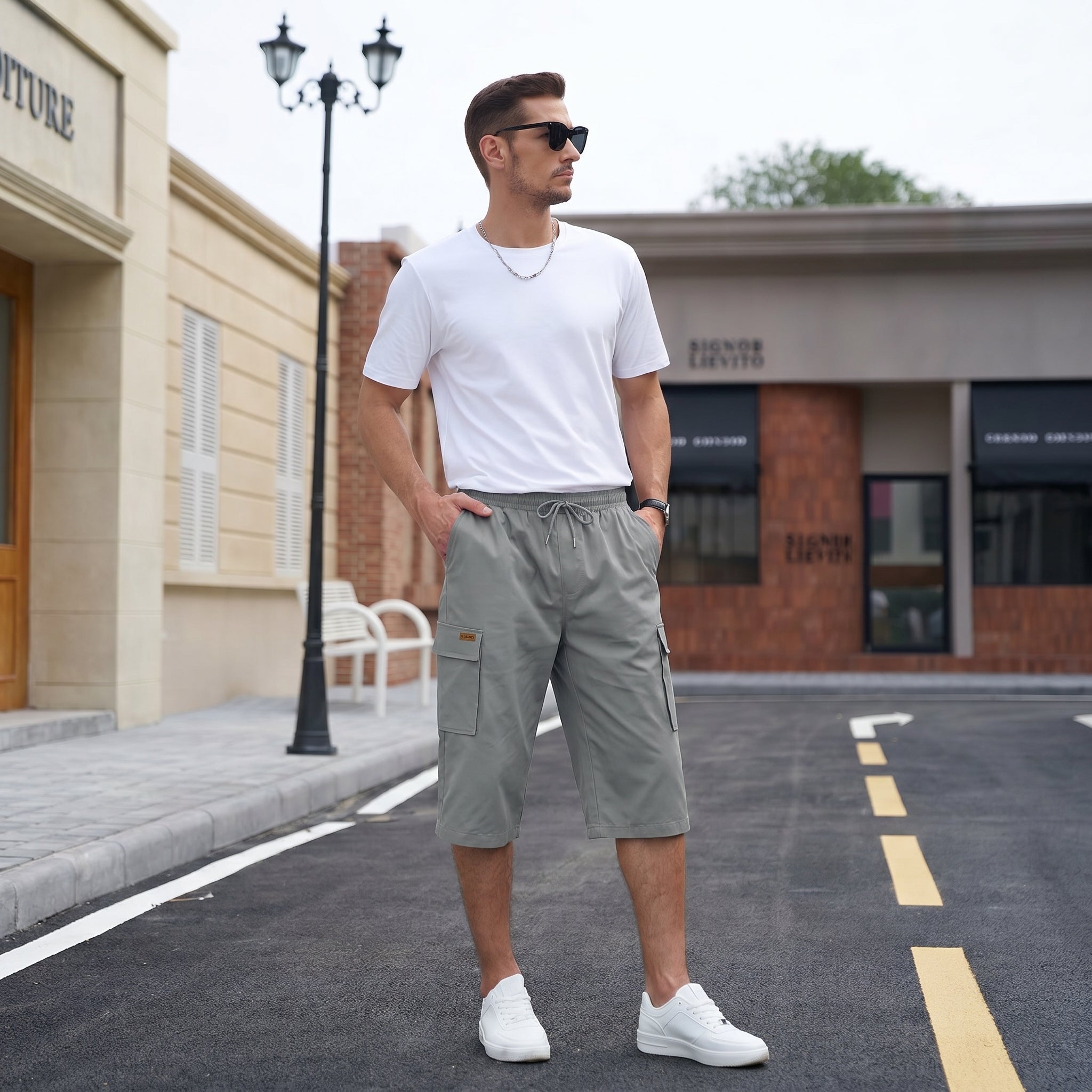 Men's Cotton Cargo Shorts - Below Knee Stretch Work Shorts Light Grey by MAGCOMSEN