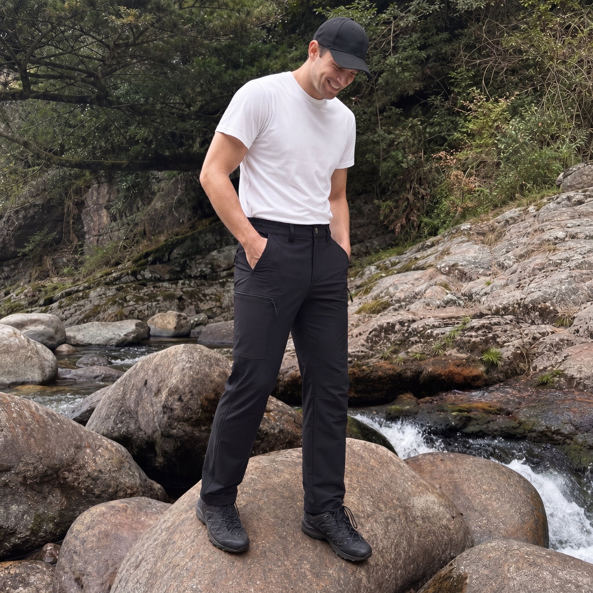Men's Lightweight Ripstop Hiking Pants - Water Resistant 6 Pocket Cargo Pants Black by MAGCOMSEN