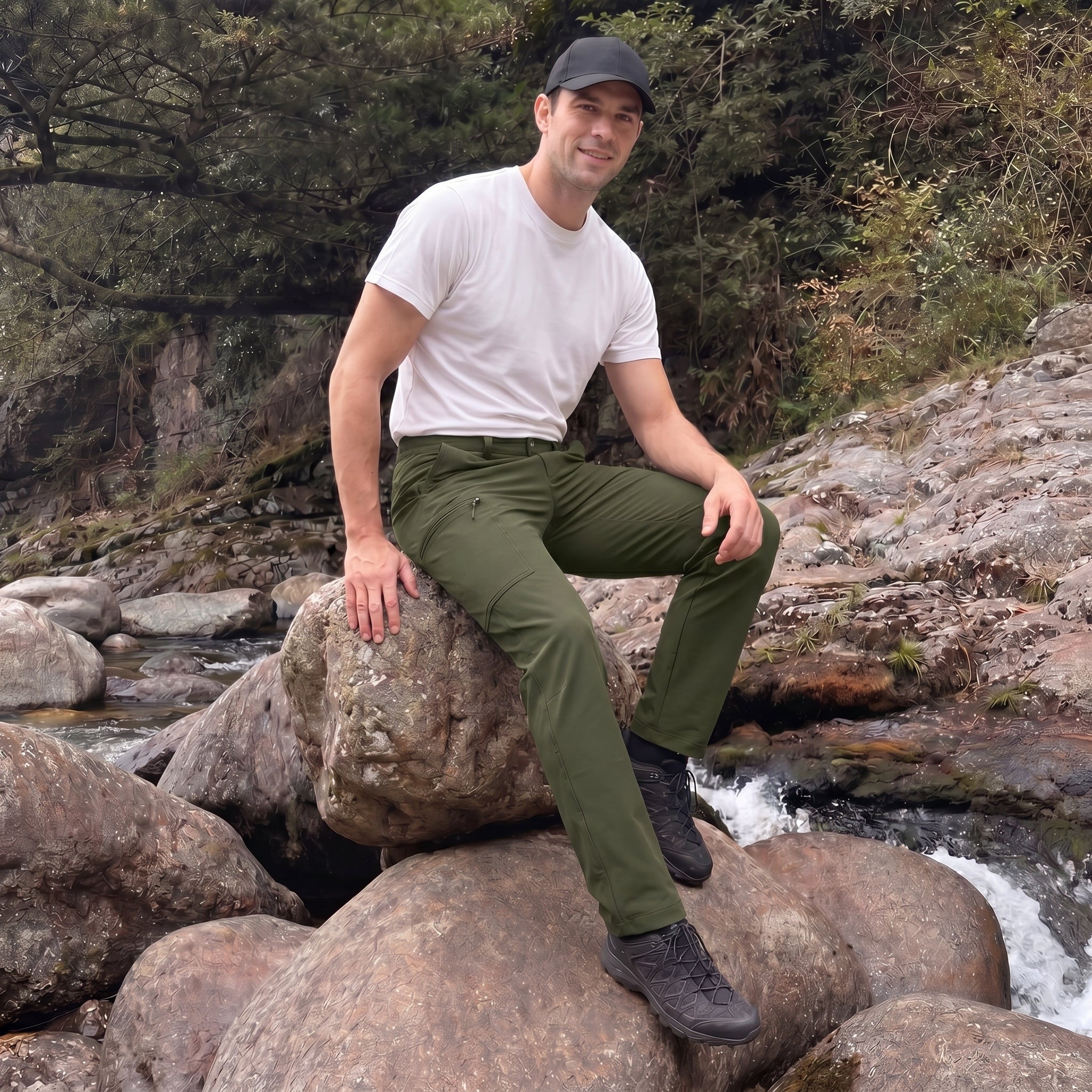 Men's Lightweight Ripstop Hiking Pants - Water Resistant 6 Pocket Cargo Pants Army Green by MAGCOMSEN