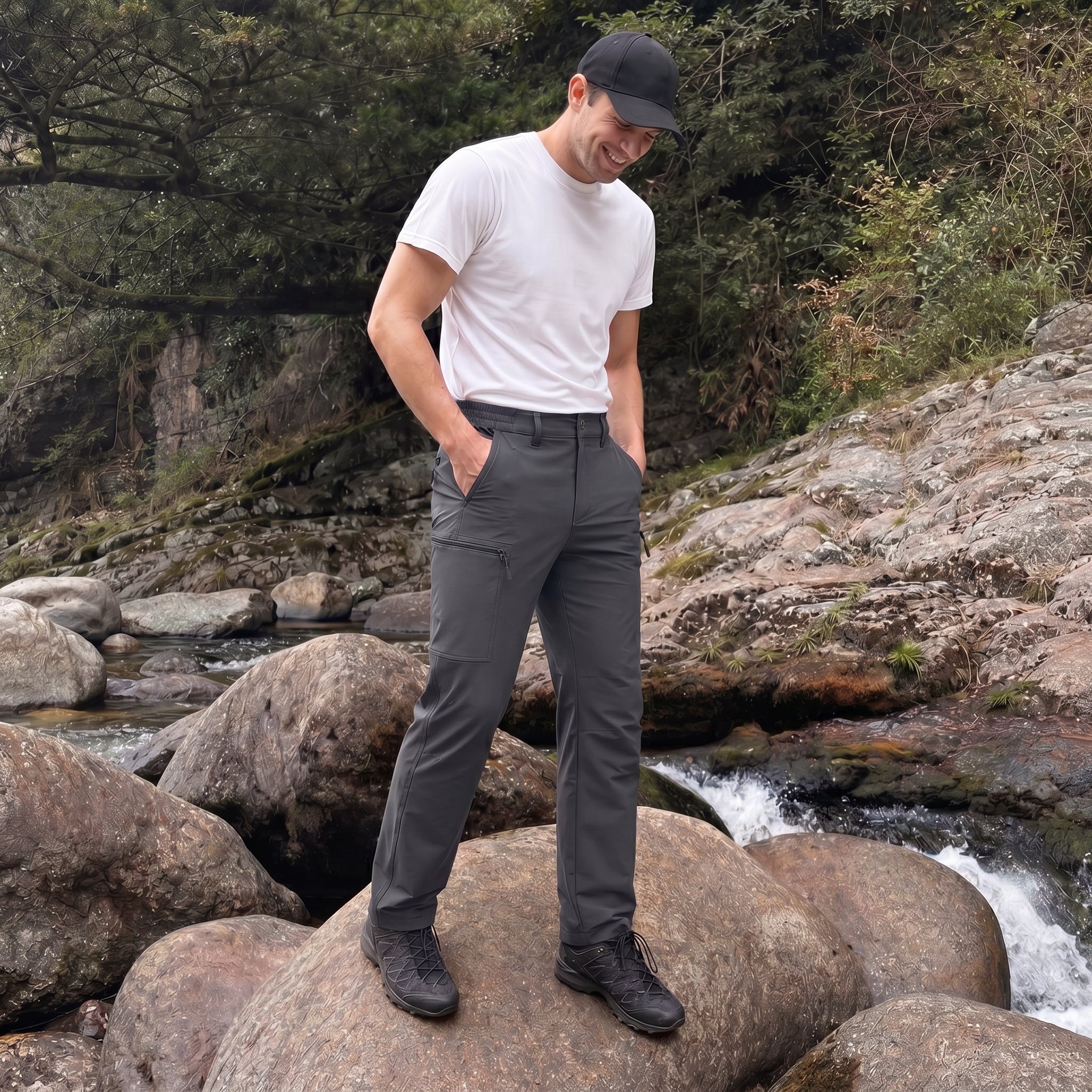 Men's Lightweight Ripstop Hiking Pants - Water Resistant 6 Pocket Cargo Pants Dark Grey by MAGCOMSEN