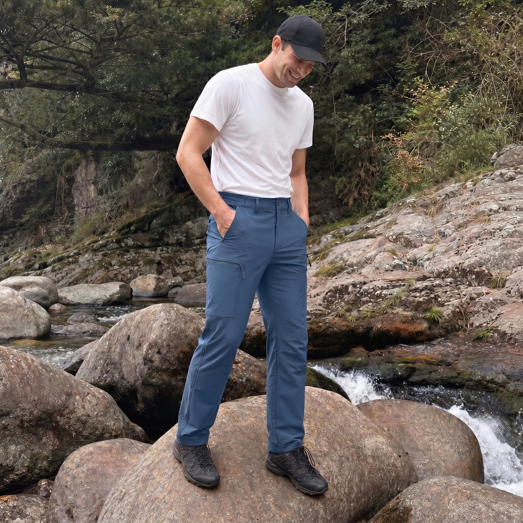 Men's Lightweight Ripstop Hiking Pants - Water Resistant 6 Pocket Cargo Pants Blue by MAGCOMSEN