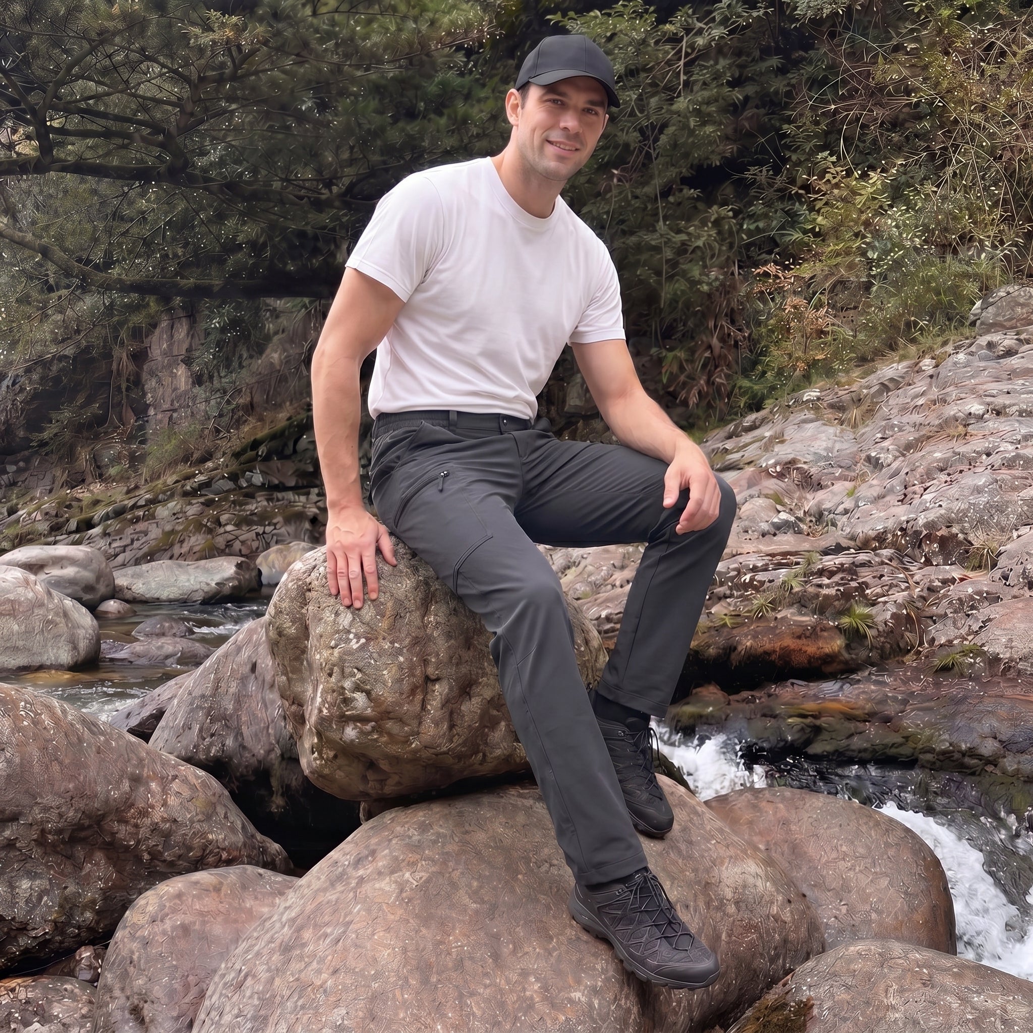 Men's Lightweight Ripstop Hiking Pants - Water Resistant 6 Pocket Cargo Pants Dark Grey by MAGCOMSEN