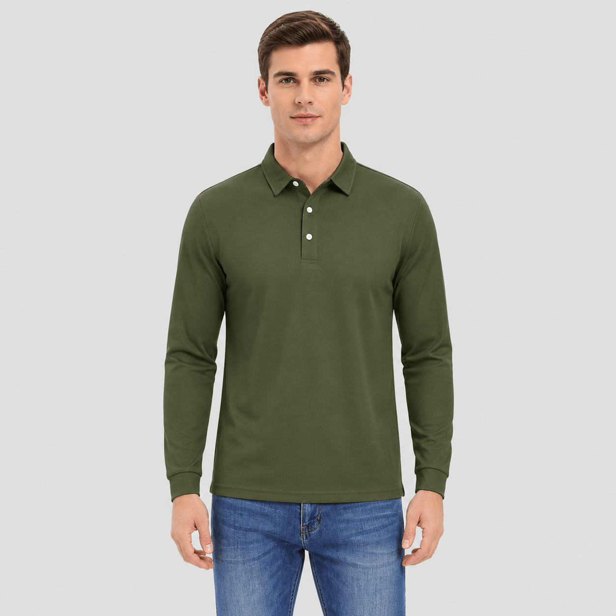 Men's Long Sleeve Quick-Dry Polo Shirt UPF Sun Protection Army Green by MAGCOMSEN