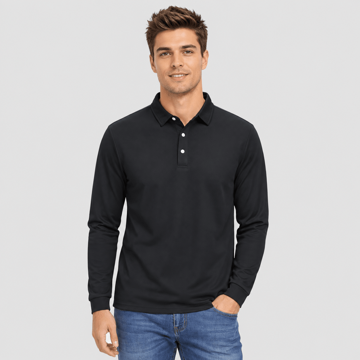 Men's Long Sleeve Quick-Dry Polo Shirt UPF Sun Protection Black by MAGCOMSEN