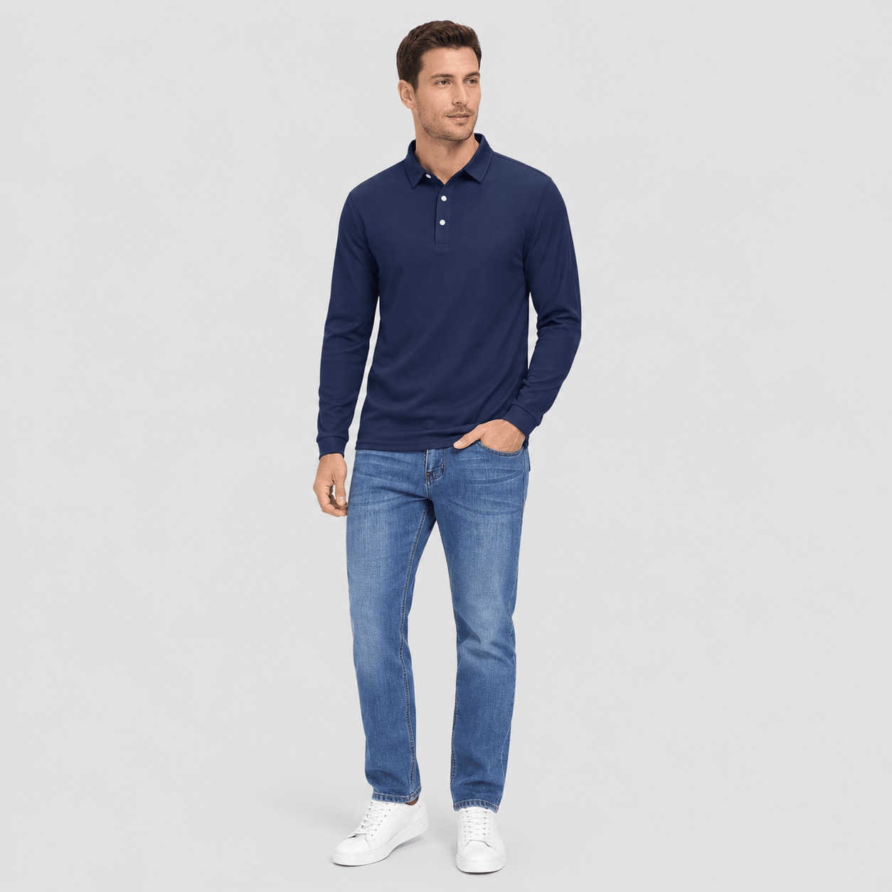 Men's Long Sleeve Quick-Dry Polo Shirt UPF Sun Protection Navy by MAGCOMSEN