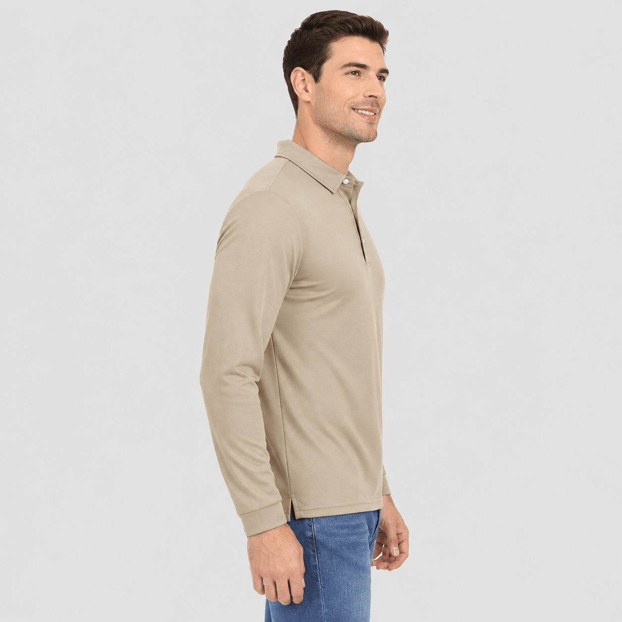 Men's Long Sleeve Quick-Dry Polo Shirt UPF Sun Protection Khaki by MAGCOMSEN