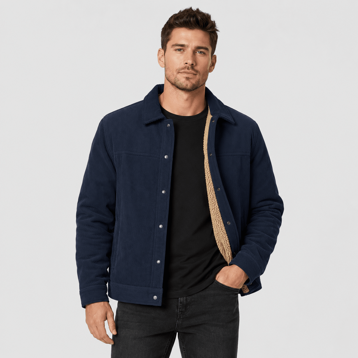 Men's Sherpa-Lined Corduroy Winter Jacket Navy by MAGCOMSEN