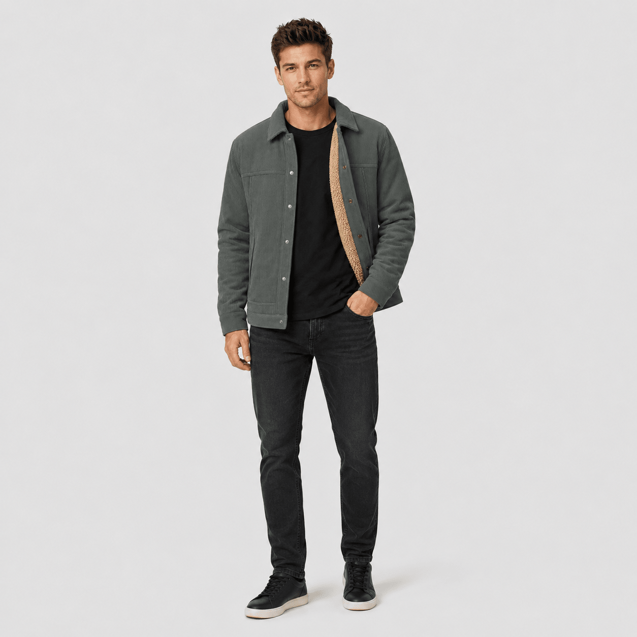 Men's Sherpa-Lined Corduroy Winter Jacket Dark Grey by MAGCOMSEN