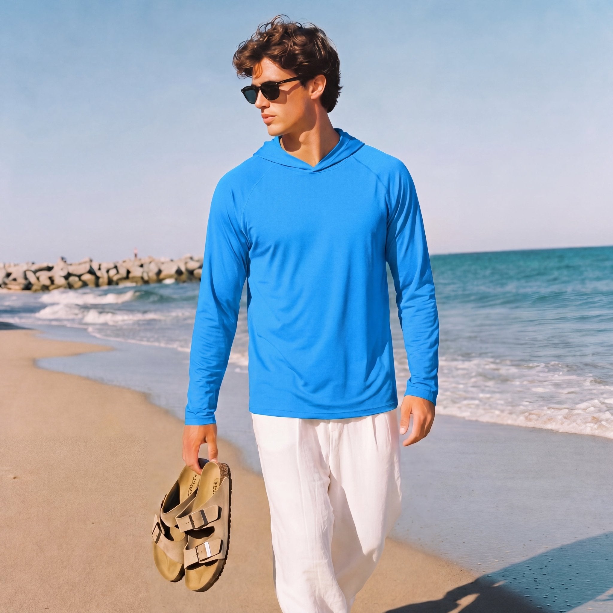 Men's Hooded UPF 50+ Sun Protection Long Sleeve Athletic Fishing Shirts #Color_Aqua Blue