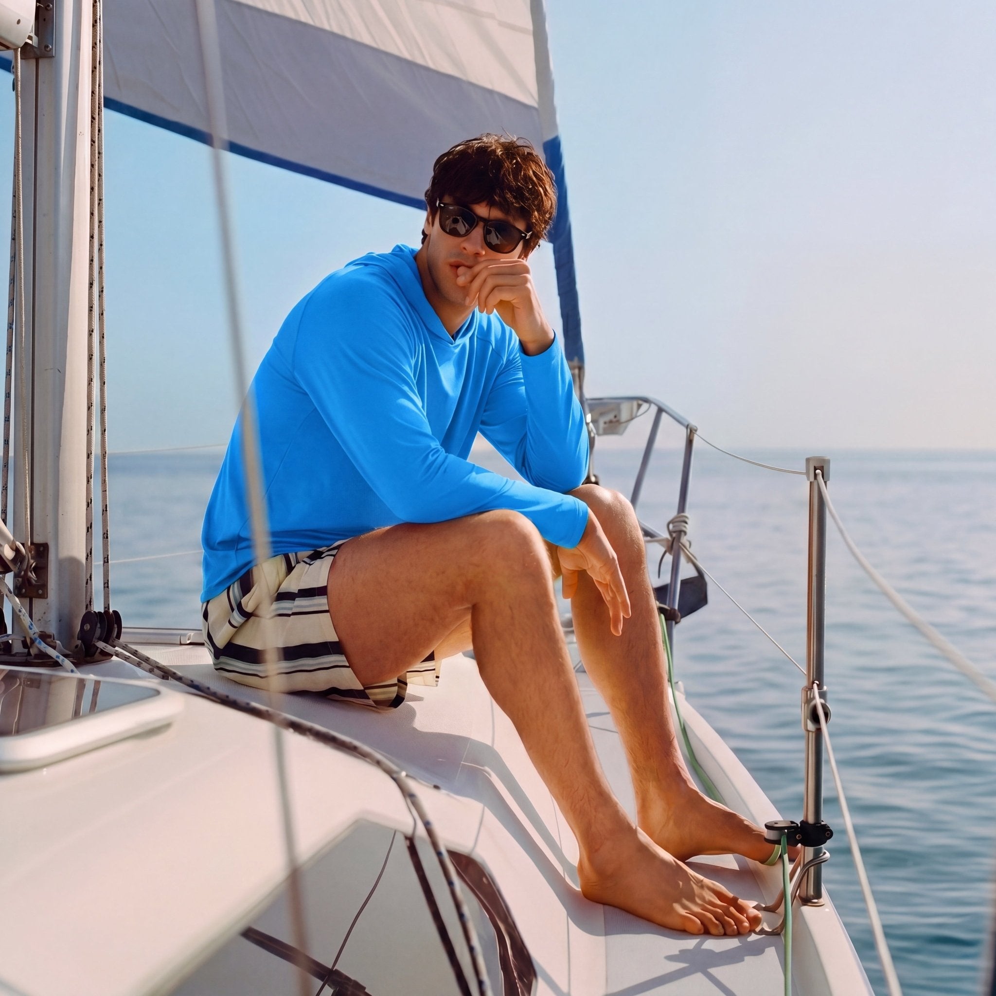 Men's Hooded UPF 50+ Sun Protection Long Sleeve Athletic Fishing Shirts #Color_Aqua Blue