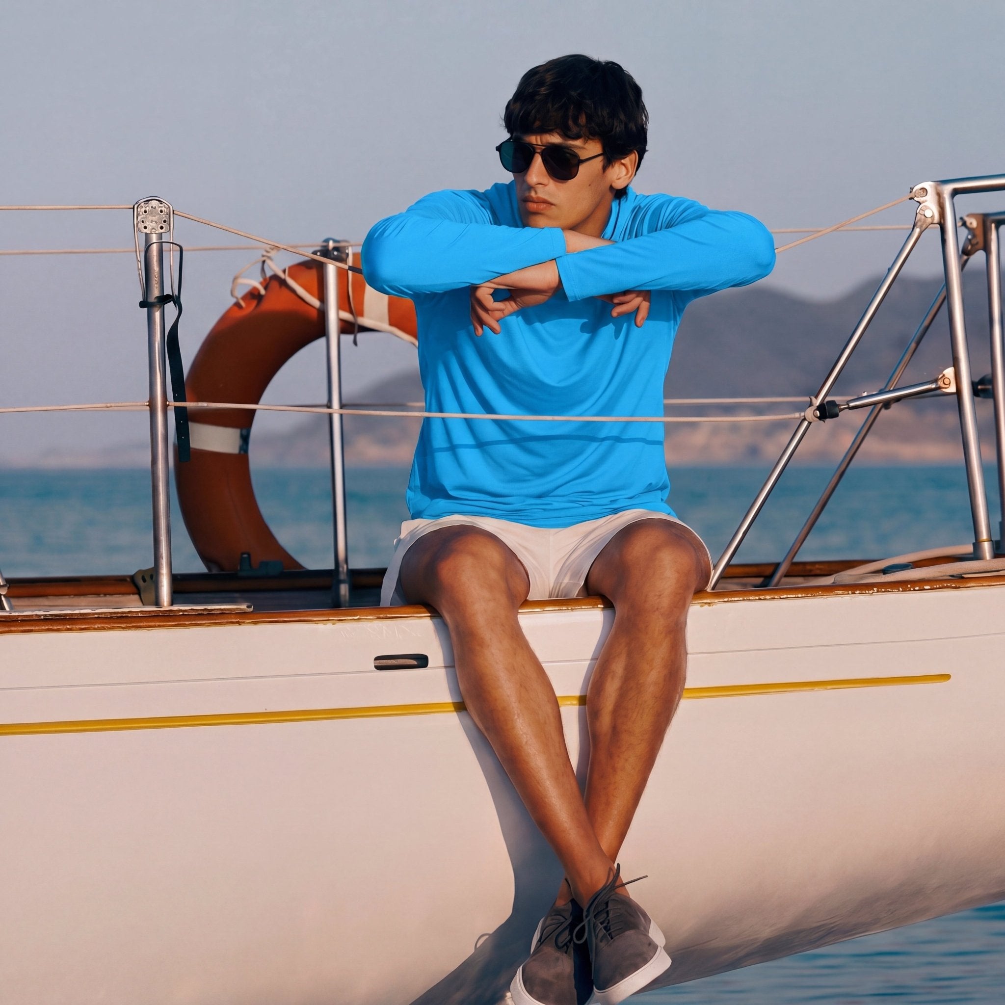 Men's Hooded UPF 50+ Sun Protection Long Sleeve Athletic Fishing Shirts #Color_Aqua Blue