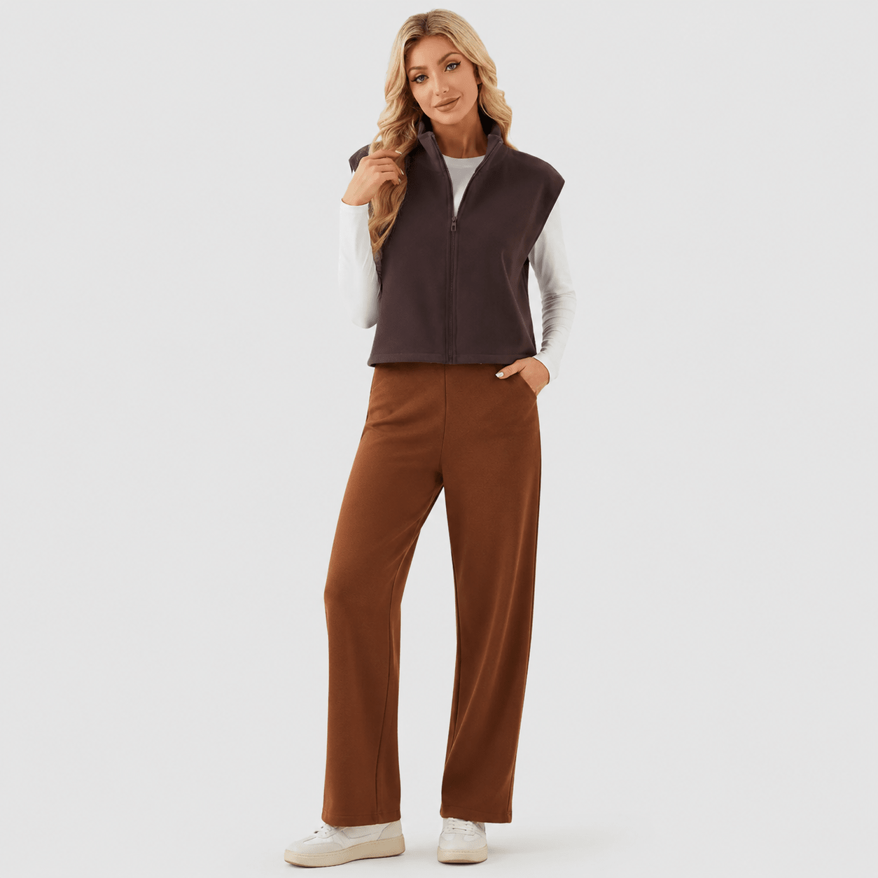 Brown MAGCOMSEN Women's Cozy Fleece Vest - Sleeveless Layering Jacket in #Color_Brown