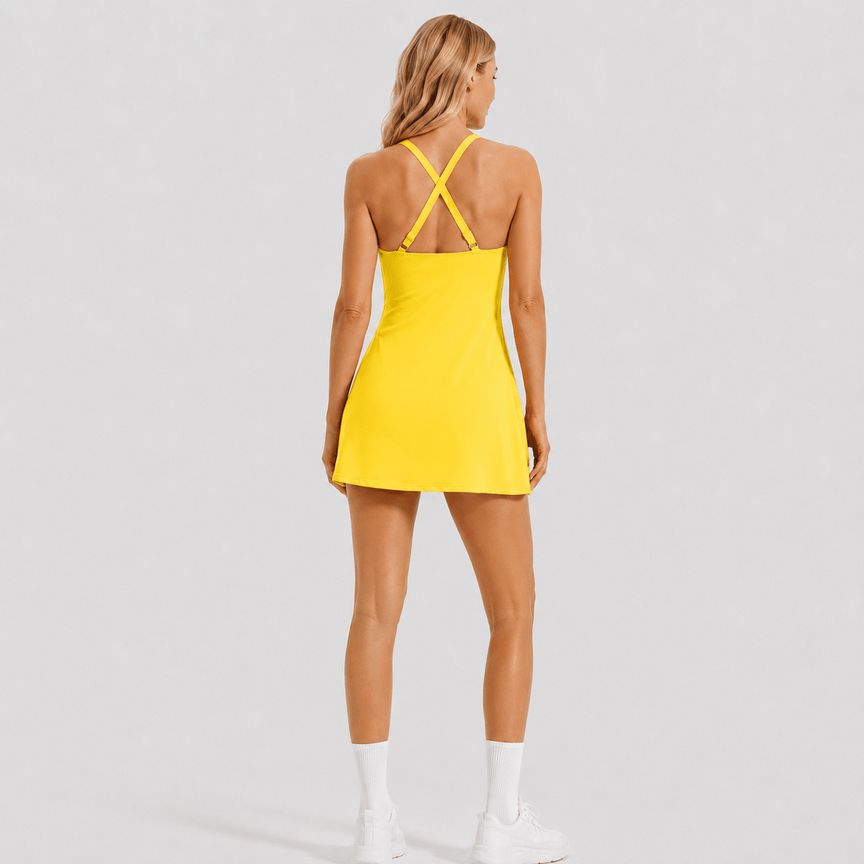 Women's Cross Back Tennis Dress with Built-in Shorts - Lightweight Athletic Mini Dress for Golf, Tennis & Everyday Wear Soft Yellow by MAGCOMSEN