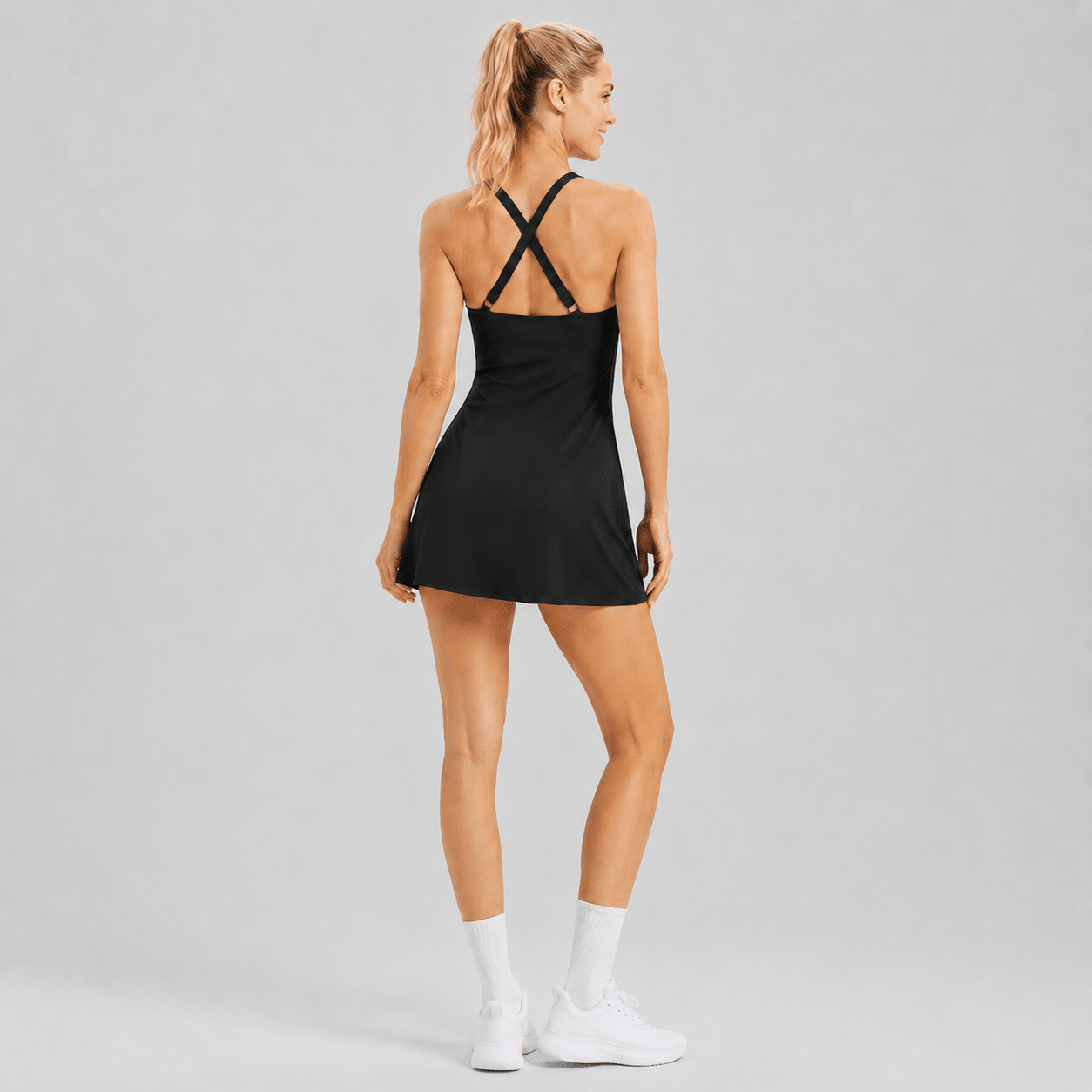 Women's Cross Back Tennis Dress with Built-in Shorts - Lightweight Athletic Mini Dress for Golf, Tennis & Everyday Wear Black by MAGCOMSEN