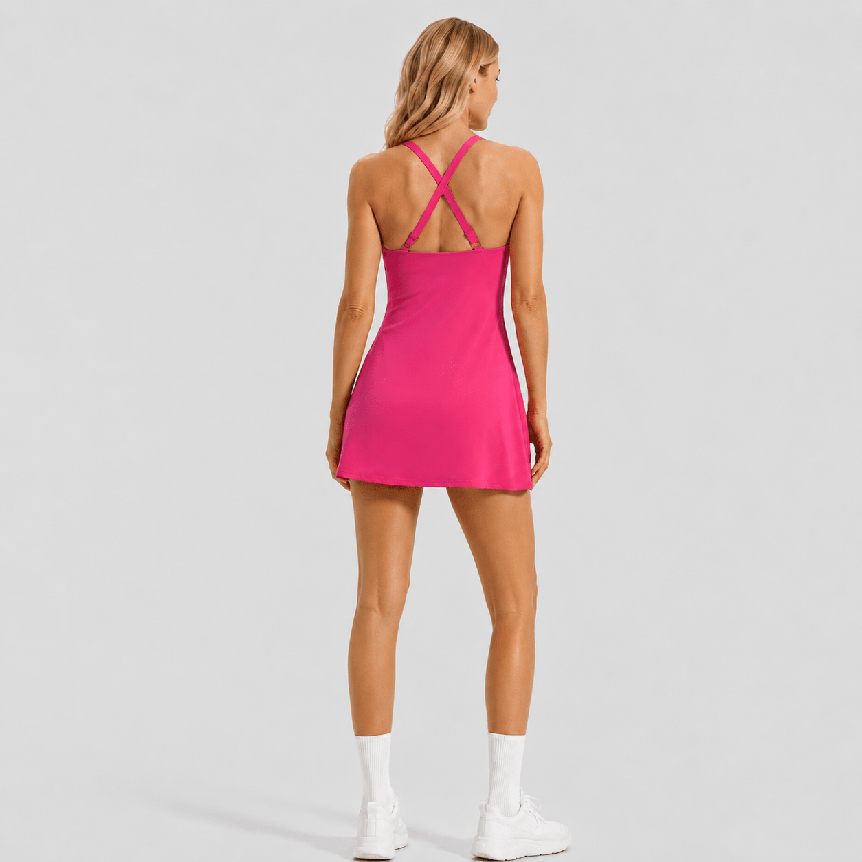 Women's Cross Back Tennis Dress with Built-in Shorts - Lightweight Athletic Mini Dress for Golf, Tennis & Everyday Wear Rose Red by MAGCOMSEN