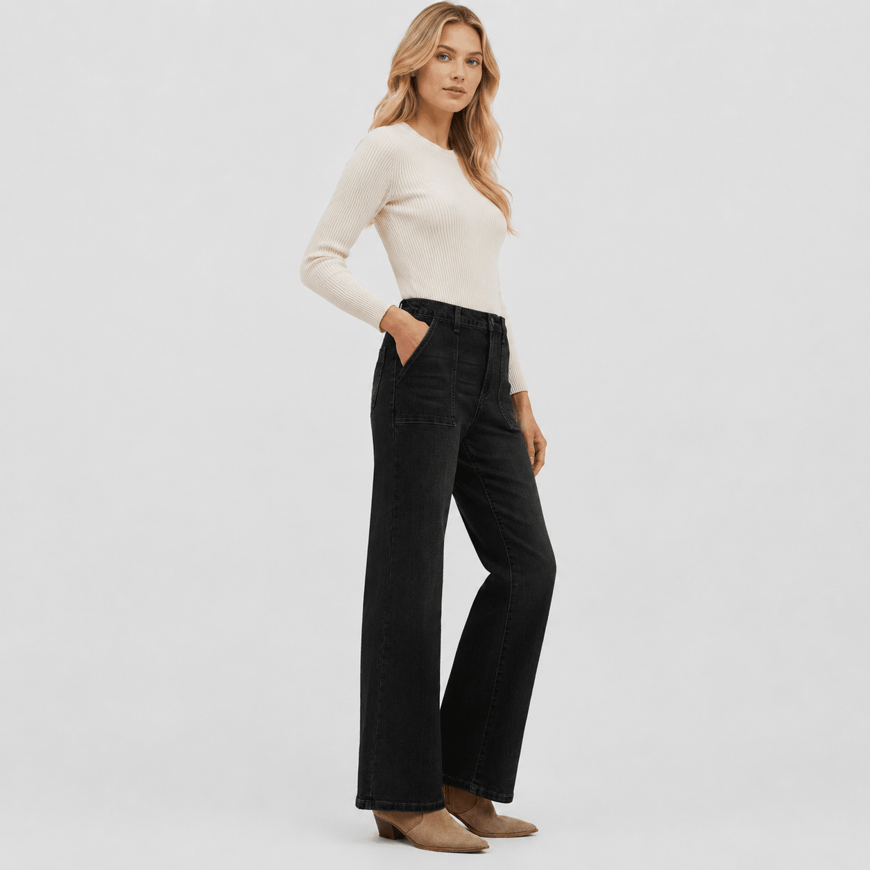 Women's High Waisted Straight Leg Jeans - Stretch Wide Leg Denim Pants Black by MAGCOMSEN