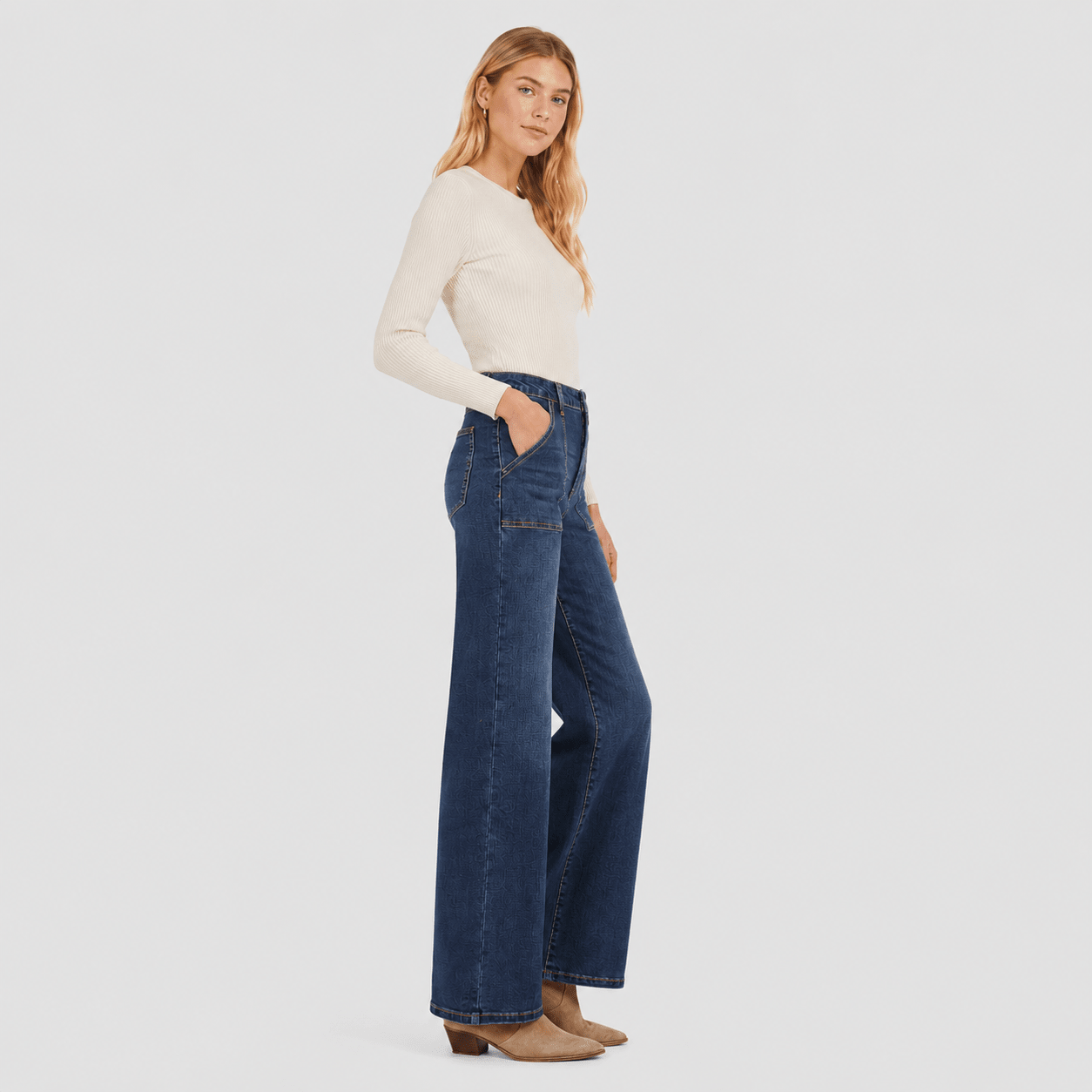 Women's High Waisted Straight Leg Jeans - Stretch Wide Leg Denim Pants Medium Blue by MAGCOMSEN