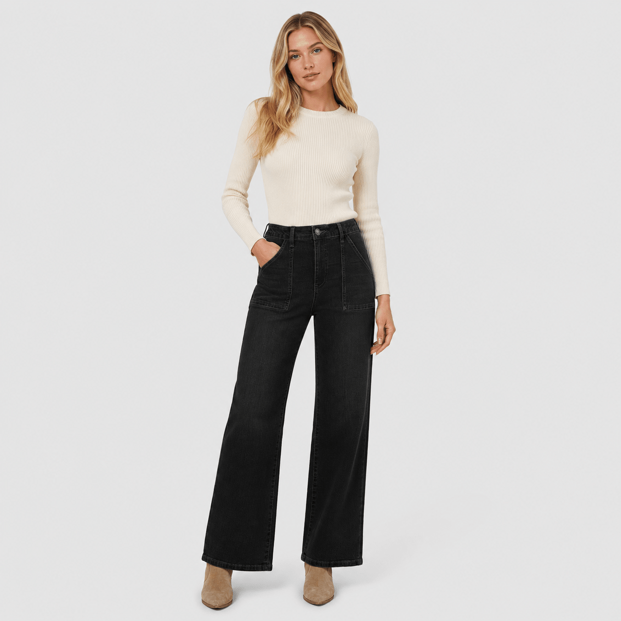 Women's High Waisted Straight Leg Jeans - Stretch Wide Leg Denim Pants Black by MAGCOMSEN