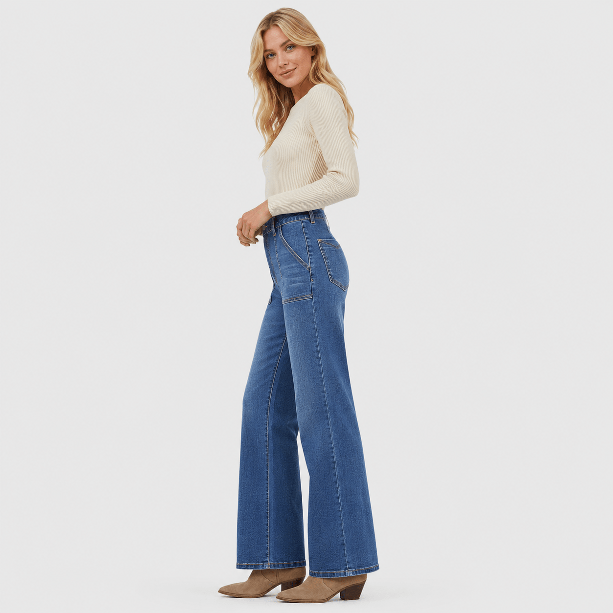 Women's High Waisted Straight Leg Jeans - Stretch Wide Leg Denim Pants Dark Blue by MAGCOMSEN