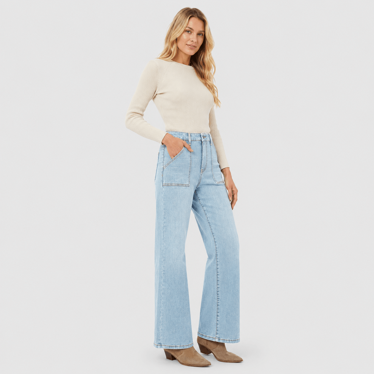 Women's High Waisted Straight Leg Jeans - Stretch Wide Leg Denim Pants Light Blue by MAGCOMSEN