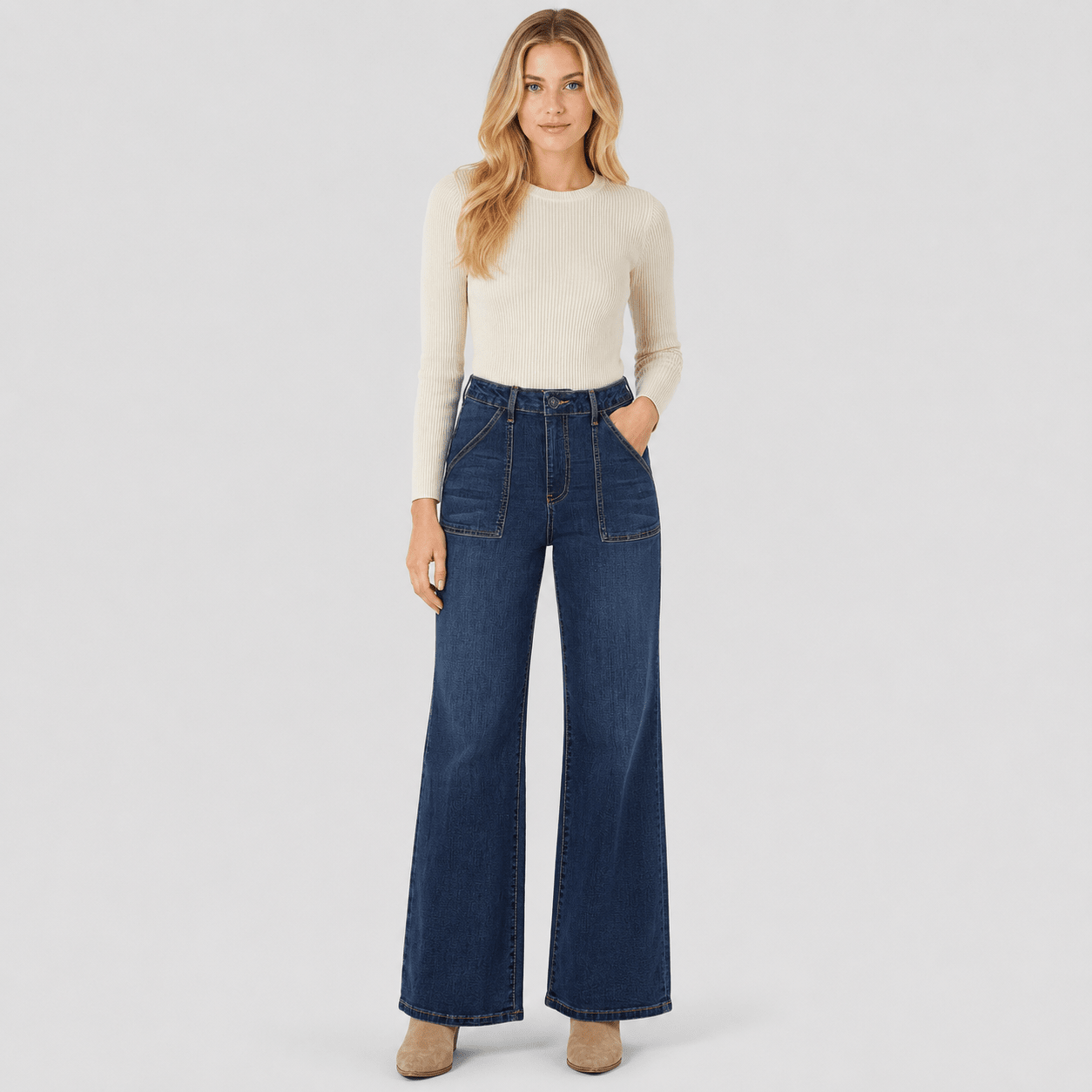 Women's High Waisted Straight Leg Jeans - Stretch Wide Leg Denim Pants Medium Blue by MAGCOMSEN