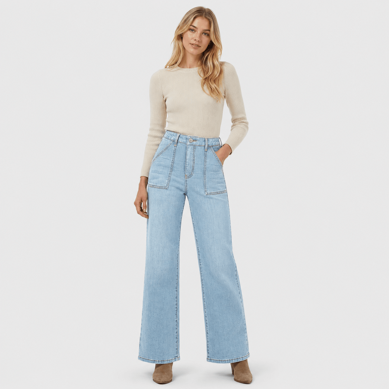Women's High Waisted Straight Leg Jeans - Stretch Wide Leg Denim Pants Light Blue by MAGCOMSEN