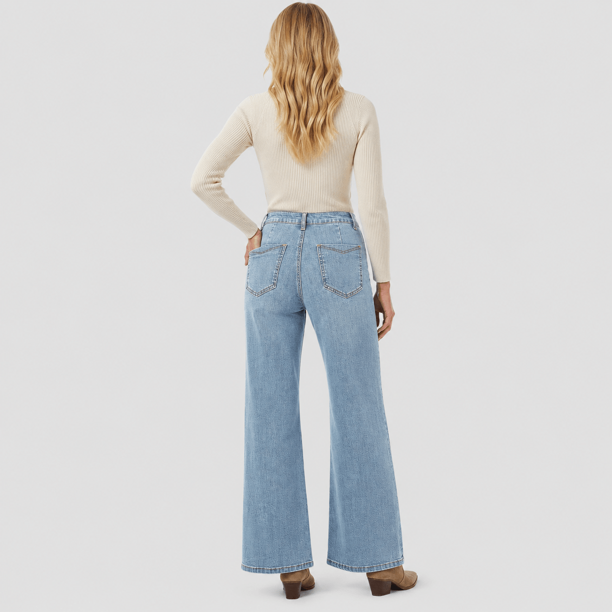 Women's High Waisted Straight Leg Jeans - Stretch Wide Leg Denim Pants Aqua Blue by MAGCOMSEN