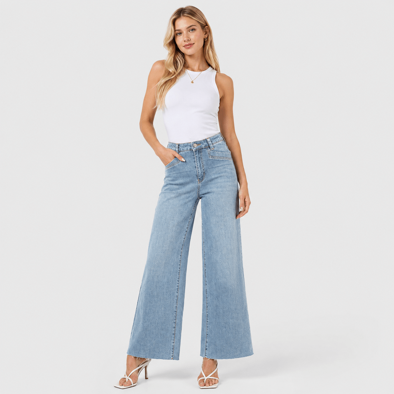 Women's High Waisted Wide Leg Jeans - Stretch Denim Pants with Raw Hem Aqua Blue by MAGCOMSEN