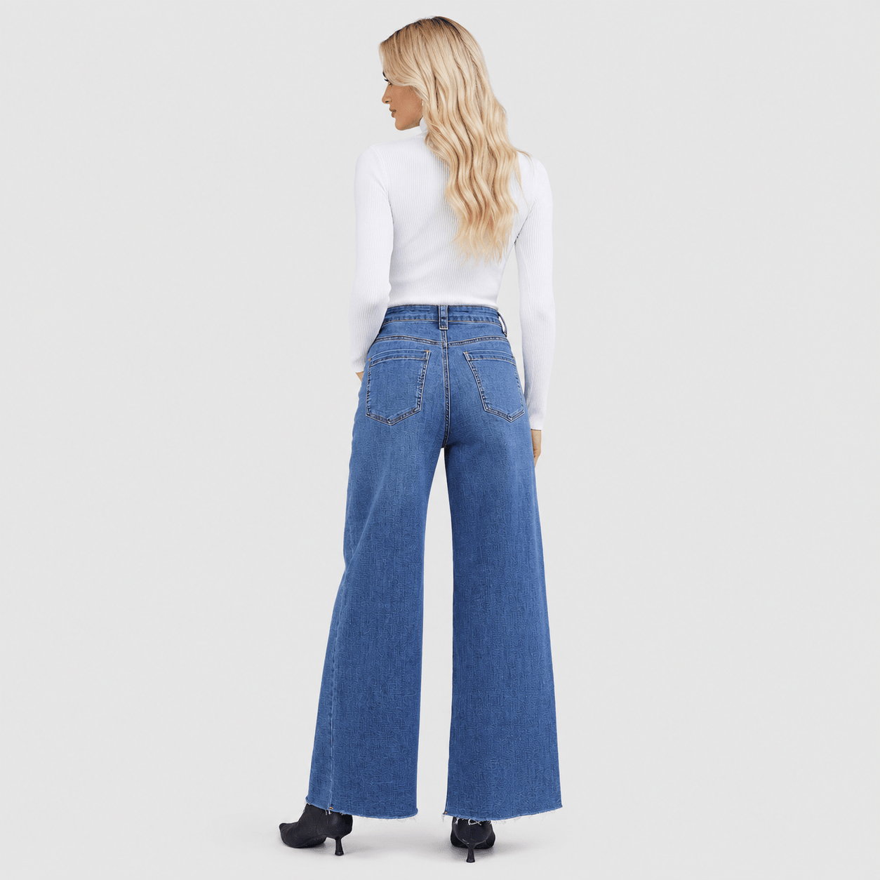 Women's High Waisted Wide Leg Jeans - Stretch Denim Pants with Raw Hem Aqua Blue by MAGCOMSEN