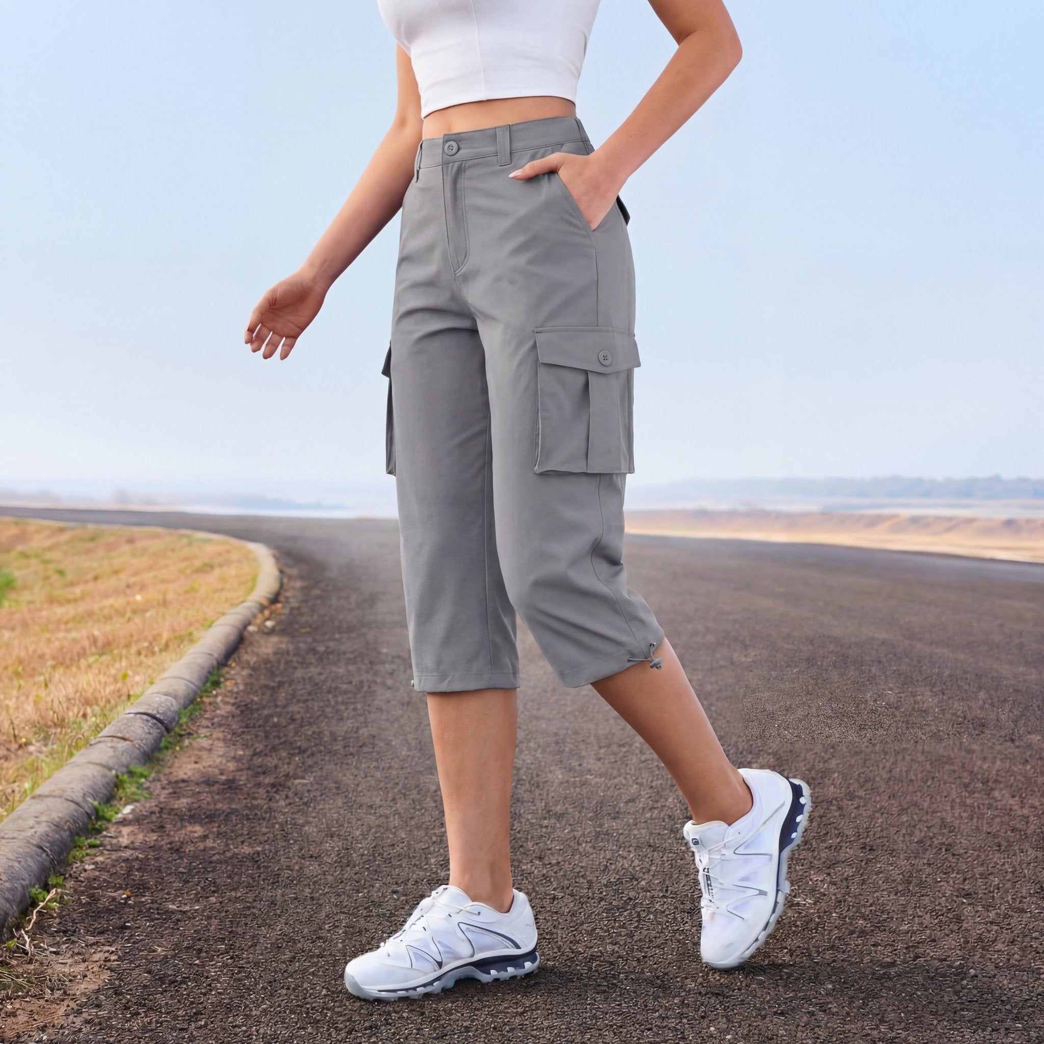 Women's Lightweight Cargo Capris with 6 Pockets Light Grey by MAGCOMSEN #Color_Light Grey
