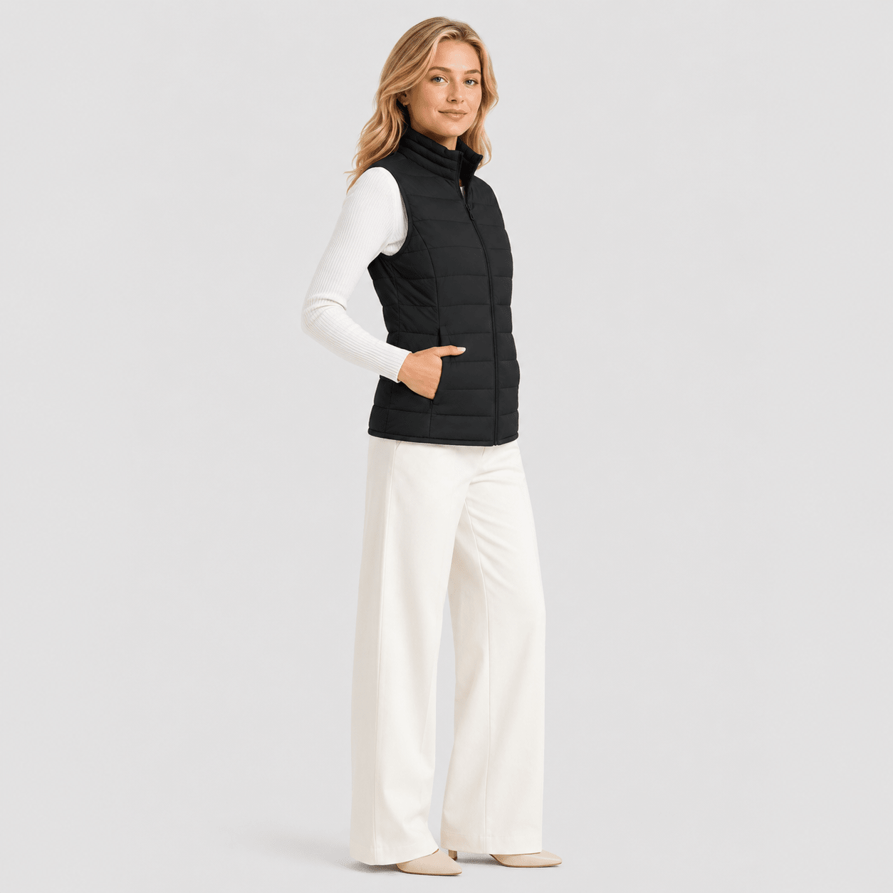 Black MAGCOMSEN Women's Lightweight Puffer Vest with 4 Pockets & Stand Collar in #Color_Black