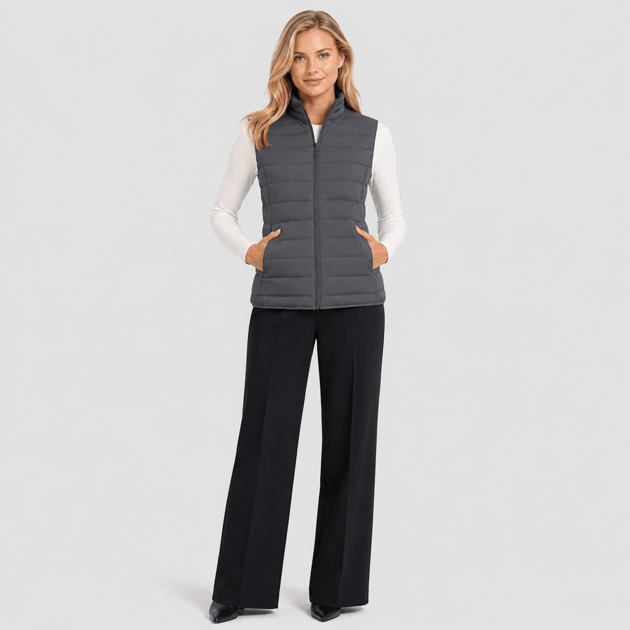 Dark Grey MAGCOMSEN Women's Lightweight Puffer Vest with 4 Pockets & Stand Collar in #Color_Dark Grey