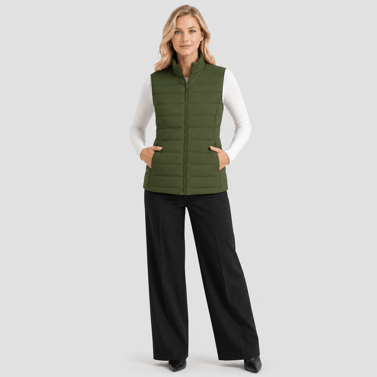 Army Green MAGCOMSEN Women's Lightweight Puffer Vest with 4 Pockets & Stand Collar in #Color_Army Green