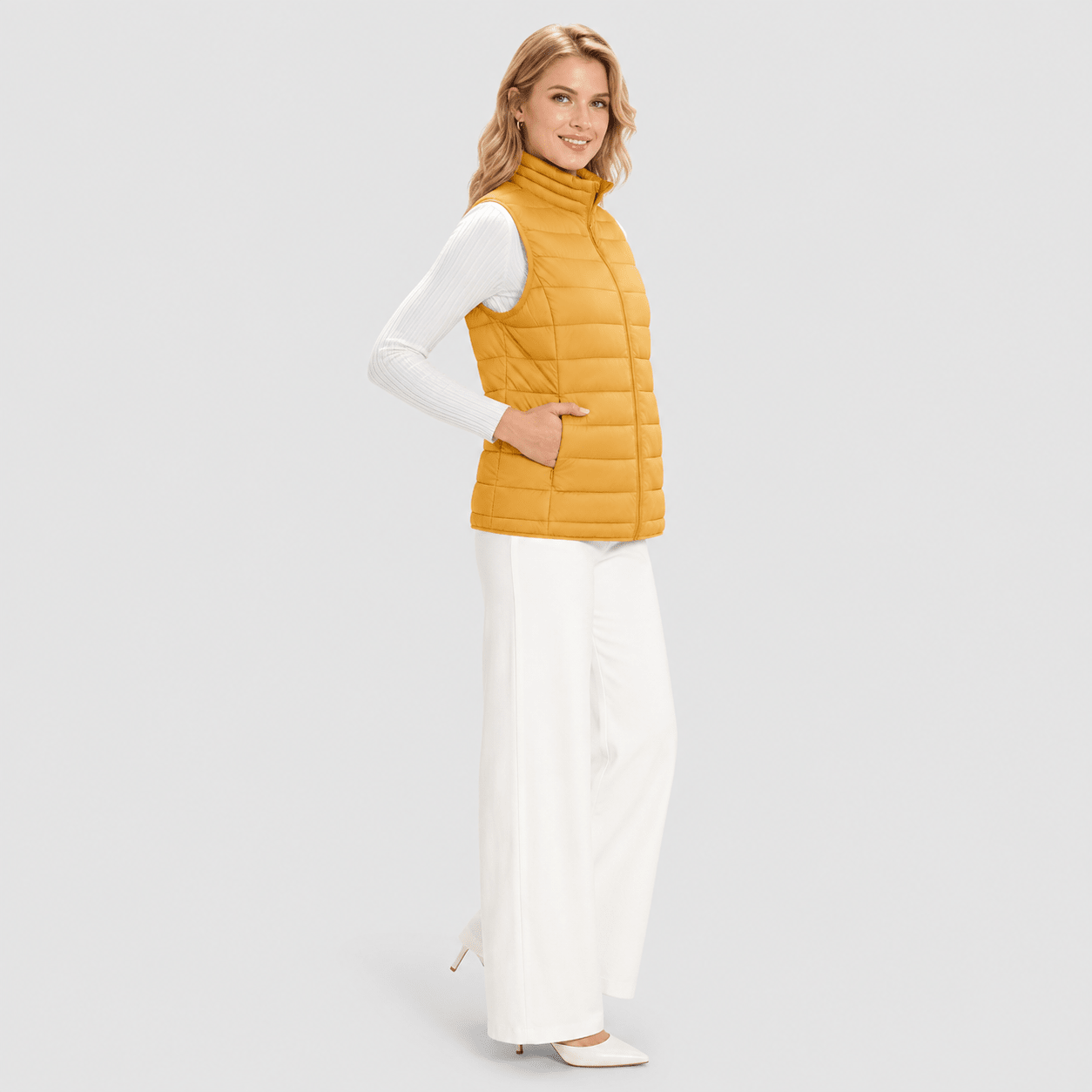Yellow MAGCOMSEN Women's Lightweight Puffer Vest with 4 Pockets & Stand Collar in #Color_Yellow