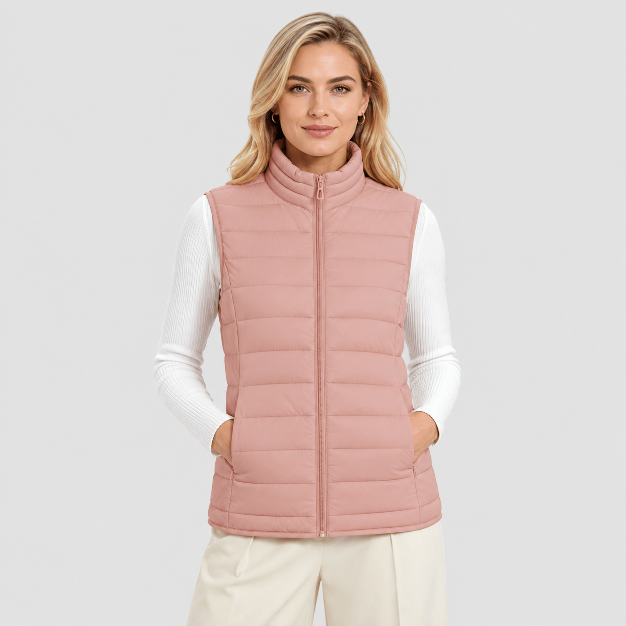 Apricot MAGCOMSEN Women's Lightweight Puffer Vest with 4 Pockets & Stand Collar in #Color_Apricot